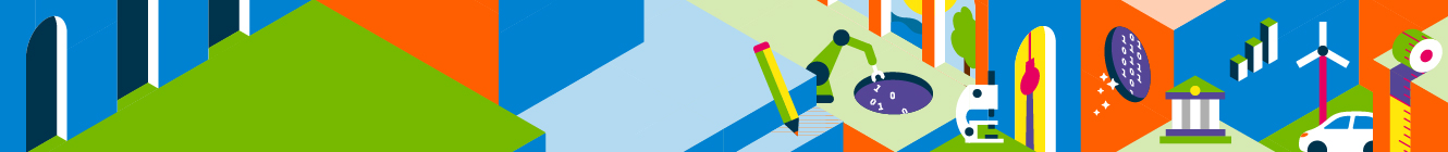Colourful, stylised illustration featuring symbols from science, technology, business and design representing different fields of study.