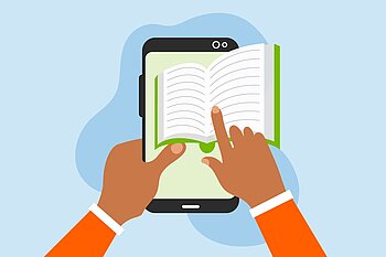 Two hands leafing through a virtual book on a mobile phone